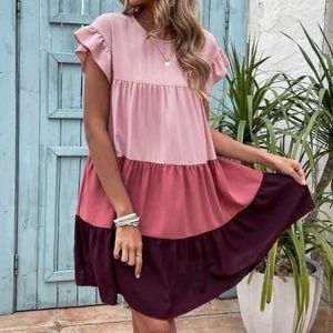 Color Block Flounce Sleeve Ruffle Hem Chiffon Smock Dress
